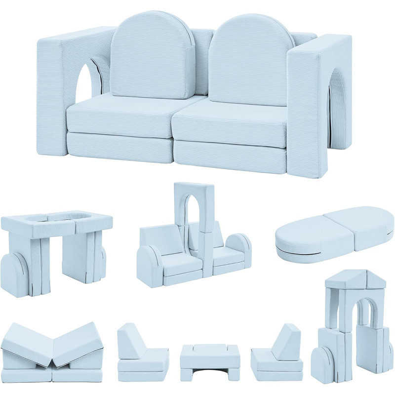 Kids and Toddler Play Couch, Convertible Folding Sofa, Modular Kids Couch for Playroom, Light Blue