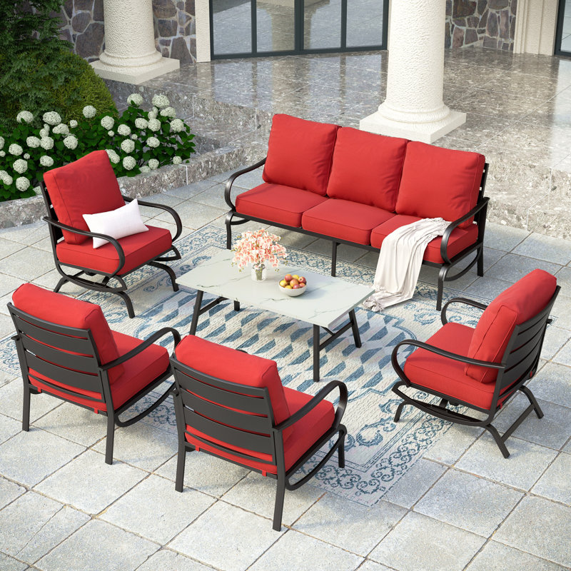 Tapasi 7 - Person Patio Conversation Set with 2 Rocking Lounge Chairs  & Sofa, Red