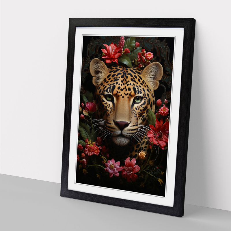 Leopard Rococo - Single Picture Frame Print on Wood, 46cm H x 34cm W x 2cm D, Black Framed