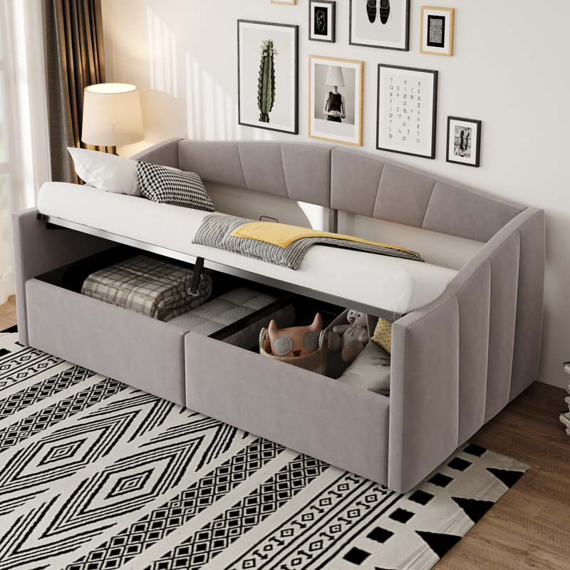 Daybed With Hydraulic Storage & Drawers, European Single (90 x 200 cm), Light Grey