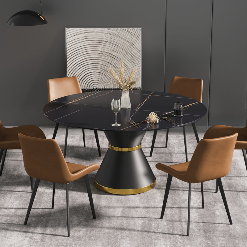 6 Seat Dining Table Set with Faux Leather Dining Chairs, 7-Piece Dining Set, 29.52" H x 53.15" W x 53.15" D, Black, Brown