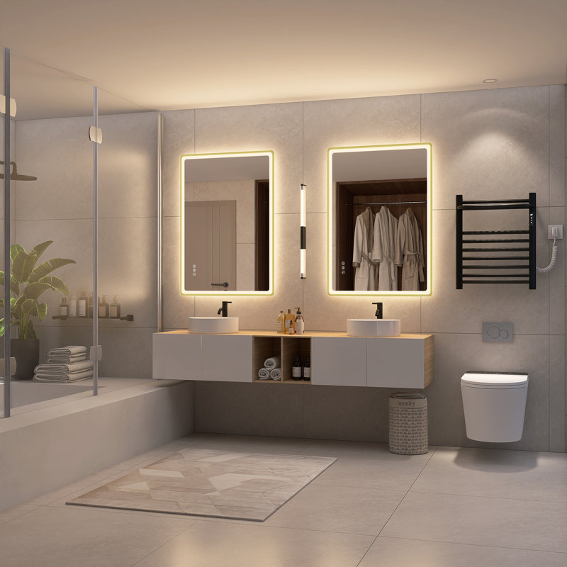 Anti-Fog Rectangular LED Bathroom Mirror, Frameless Gold Spray Edge, Touch Control Mirror, 70cm x 100cm