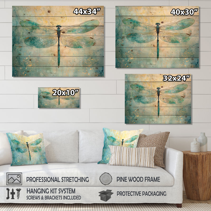 Libellule émeraude ailes irisées I - décoration murale moderne en bois sur bois de pin naturel, H 34 po x l 44 po
