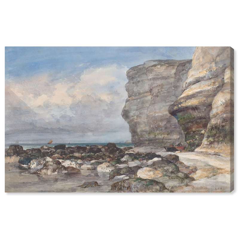 Large Coastal Rocky Beach Canvas Art in Blue and Beige