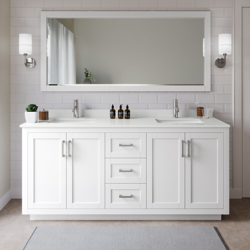 Meuble-lavabo double autoportant 72 po avec plateau en quartz Miranda, Quartz blanc, Blanc, Nickel brossé