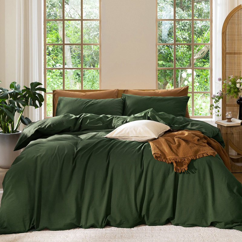 MooMee Lightweight Duvet Cover Set with Zipper Closure 8 Ties 100% Washed Cotton Linen Like Textured Soft Breathable All-Season
