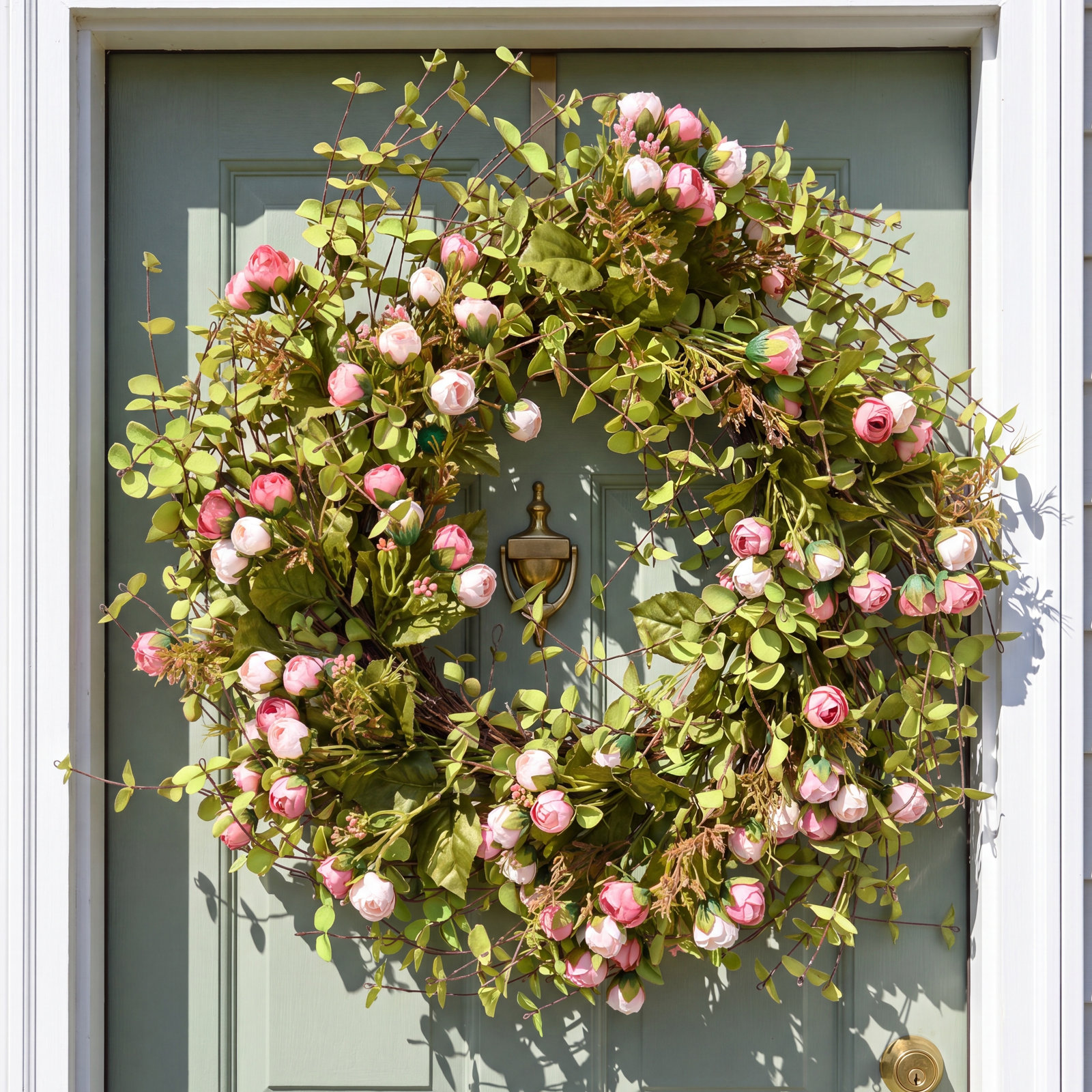 26" Artificial Farmhouse Twig Blossoms Cluster Greenery Mini Eucalyptus Rose Spring Summer Wreath For Front Door Wedding Party Home Decor