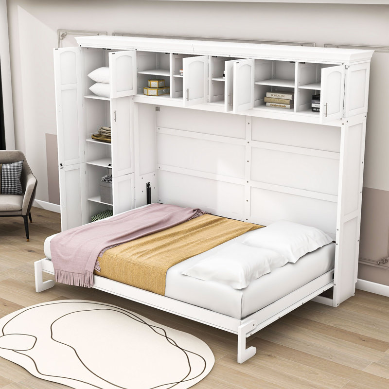 Grand lit escamotable avec armoires et tablettes, Blanc