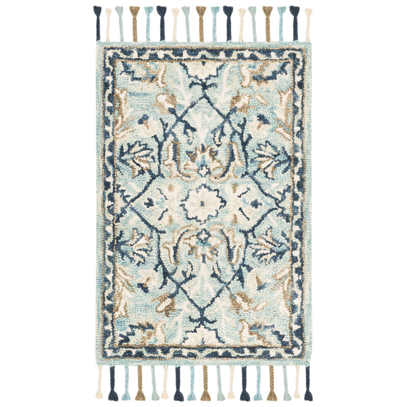 Jahiem Oriental Handmade Tufted Wool Blue/Ivory Area Rug, Rectangle 2' x 3'