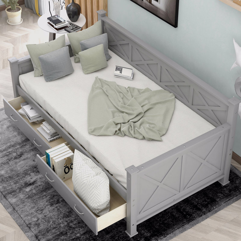 Lit de jour simple, avec 2 grands tiroirs, structure en forme de X, Gris