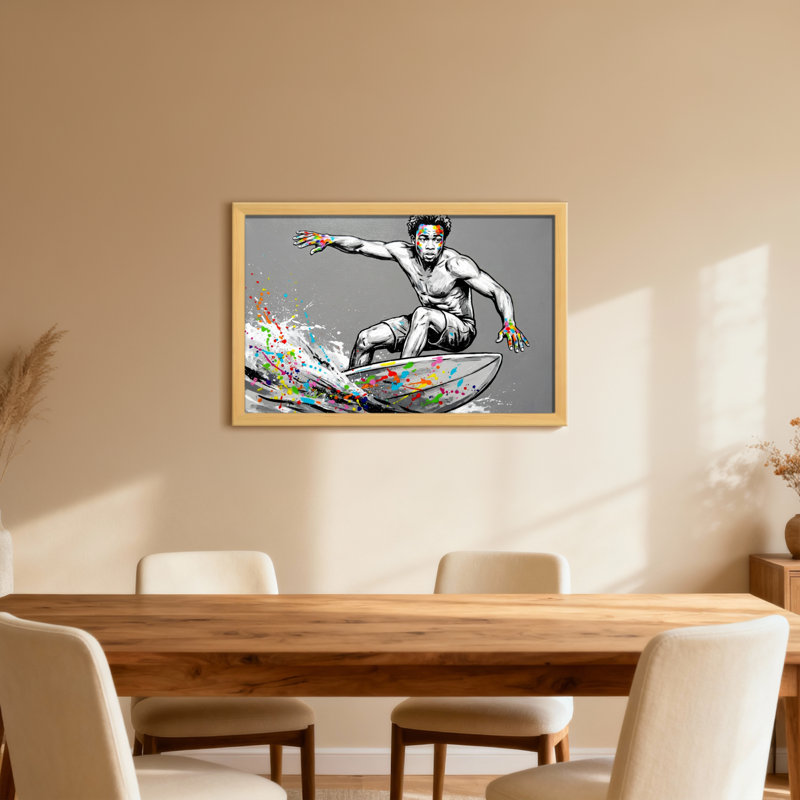 Surfeur avec éclaboussures colorées et visage peint, Grain de bois clair, Cadre photo unique, H 20 po x l 30 po