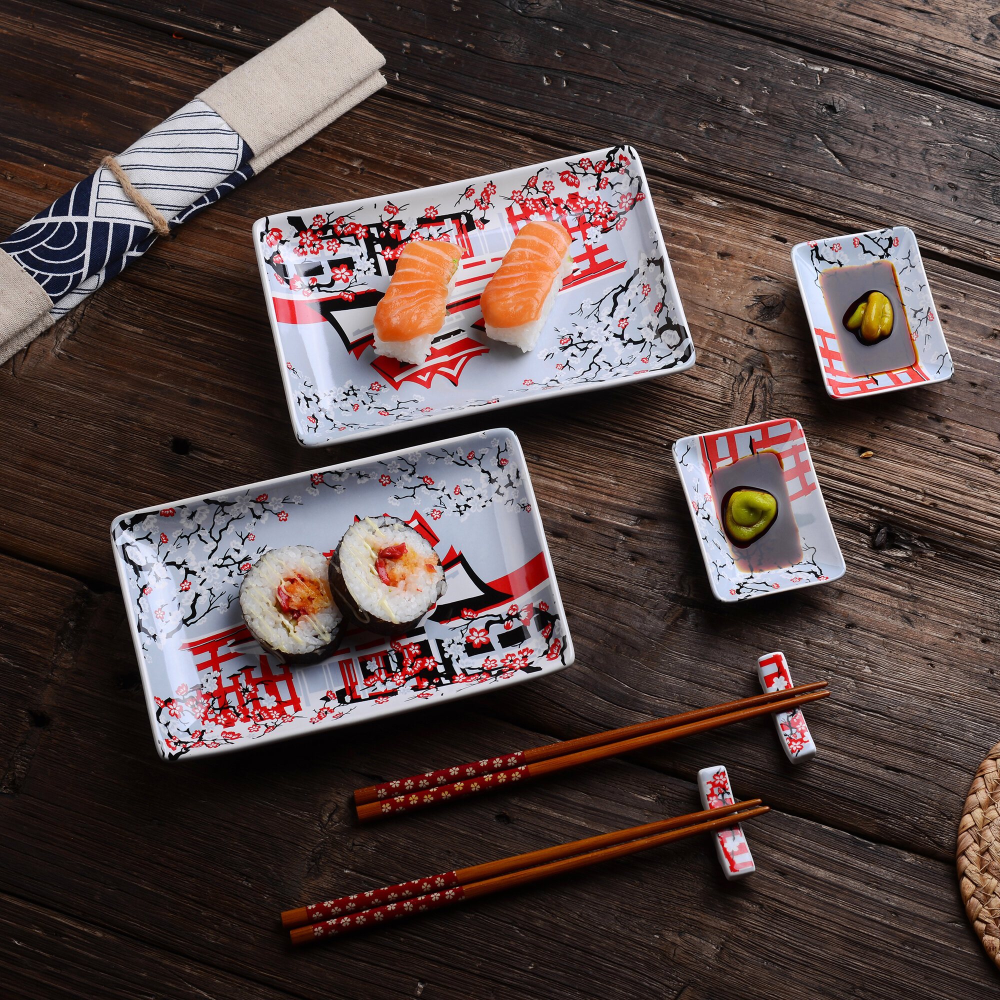 Japanese Style Ceramic Porcelain Sushi Plate Set - 6 Piece