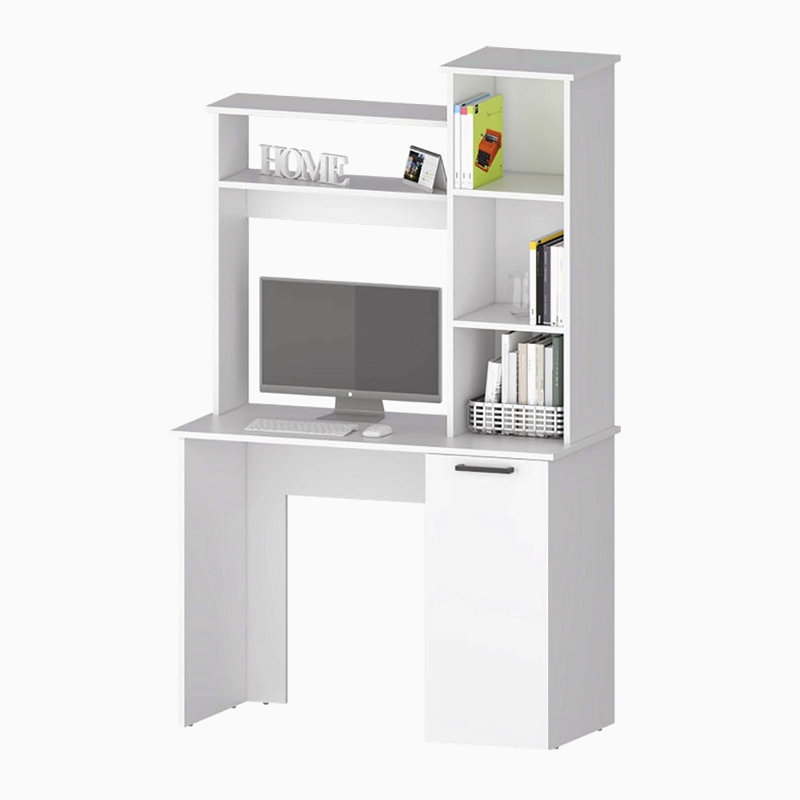 Bureau d'ordinateur blanc avec tablettes de rangement à 3 niveaux