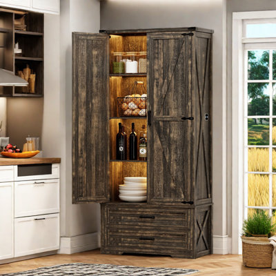 Tall Farmhouse Storage Cabinet With Adjustable Shelves, 69"" Versatile Cupboard With Led Light, Pantry Cabinet 2 Drawers&doors, Brown -  Gracie Oaks, 7C177B5CD7AB4F1BAB5B9B5A08EB96A8