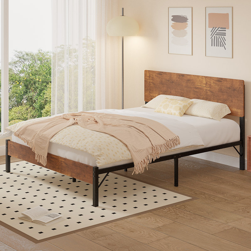 Queen Bed Frame With Wood Headboard And Footboard, Heavy Duty Platform Bed With Under Bed Storage, No Box Spring Needed