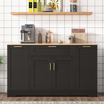 Multi-Functional Storage Sideboard, Extendable Dining Table, Adjustable Shelves, 3-Tier Pull-Out Rack, Kitchen Island Storage for Kitchen, Dining Room, Living Room (Black)