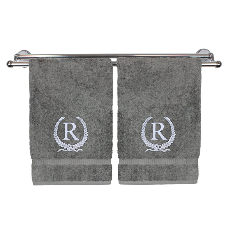 Essuie-mains monogramme - ensemble de 2 - lettre de conception de couronne, R, Gris / Argent