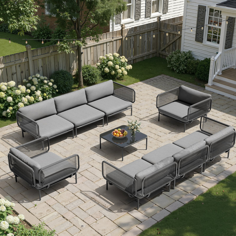 Outdoor Sofa Set, Gray Cushion/Black Frame