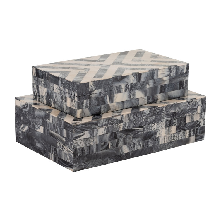 Finnley 2 Piece Set Storage Boxes - 10 & 12 Black and White Herringbone Polyresin Decorative Keepsake Boxes for Storage, Jewelry, Gift Idea Willa AR