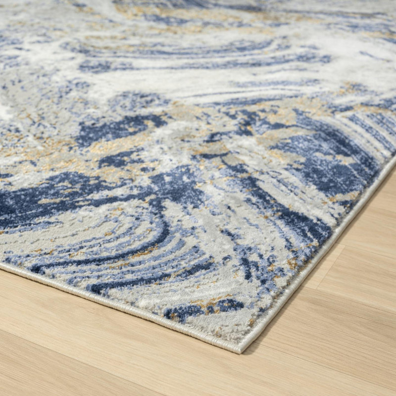 Tapis bleu abstrait en polypropylène tissé à la machine, Rectangle 4 pi x 5 pi