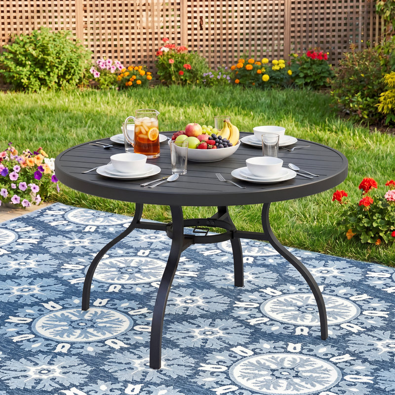 47" Round Metal Outdoor Patio Dining Table For 4, All-Weather Slatted Outdoor Table With Umbrella Hole, Black