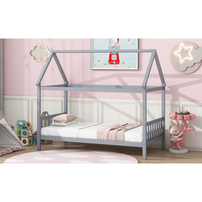 Lit simple avec tête et pied de lit, lit simple en bois d'hévéa avec cadre de maison, gris clair