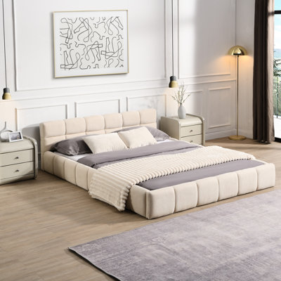 Queen Size Beige Chenille Bed With Checkerboard Headboard For A Comfort - Centric Bedroom Design Comfortable And Contemporary Sleep