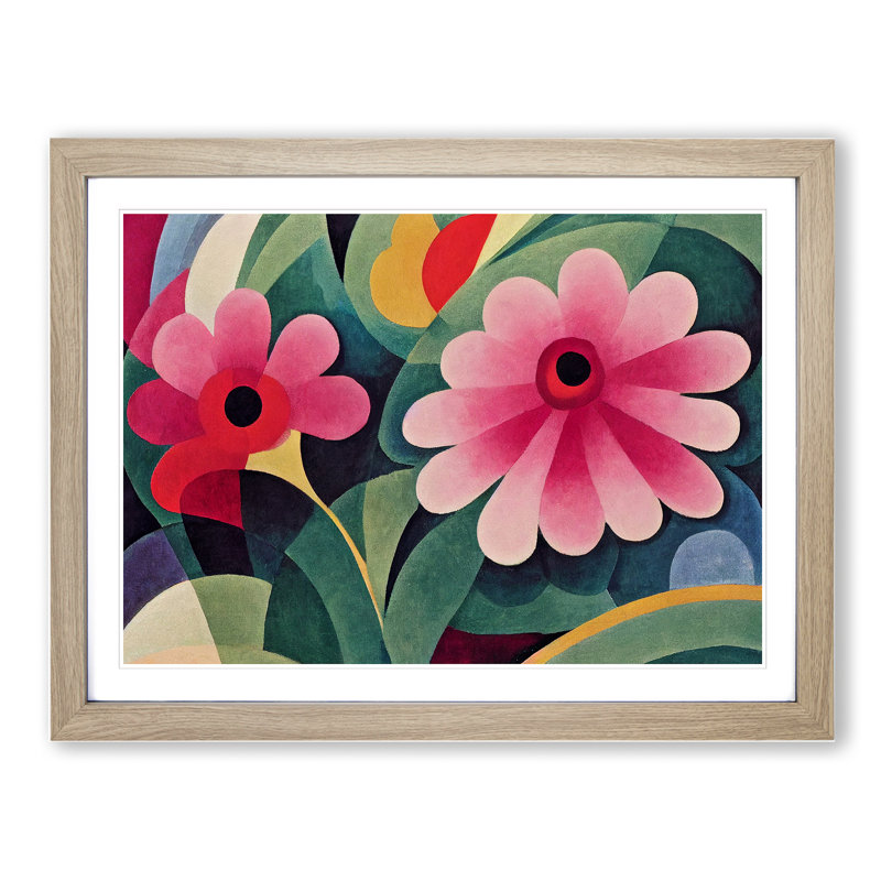 Cute Abstract Carnation Flowers - Framed Print, 25cm H x 34cm W x 2cm D, Oak