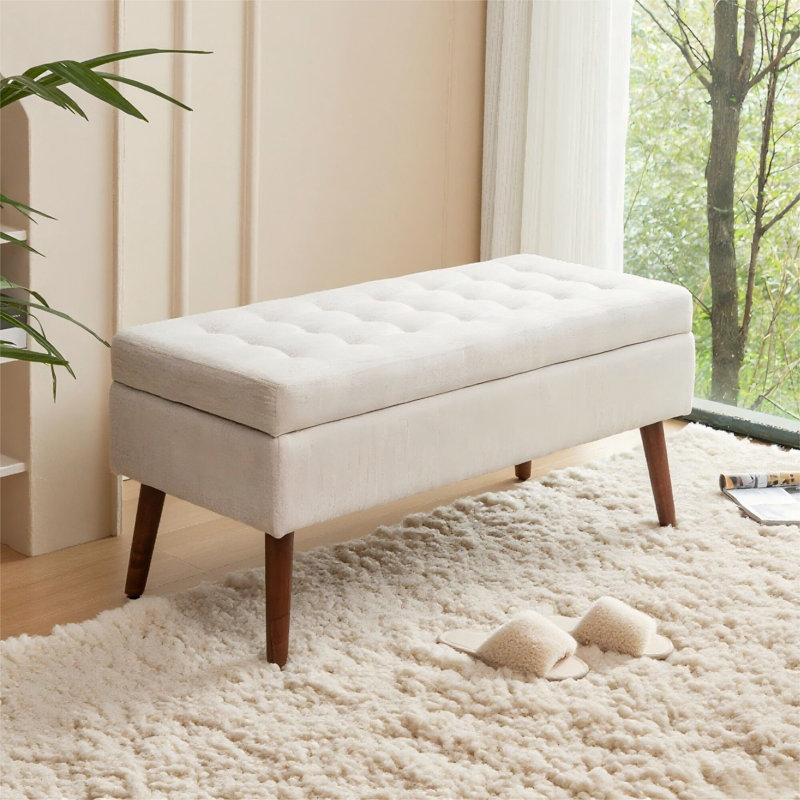 Tufted Storage Ottoman Bench | Solid Wood Legs, Safety-Hinged Lid for Bedroom End of Bed & Entryway, Off White