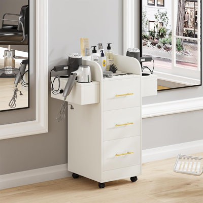 Station de salon de beauté Thame avec 3 tiroirs, station de roulement pour coiffeuse, armoire de rangement sur roulettes, armoire de rangement en bois avec 6 supports pour sèche-cheveux