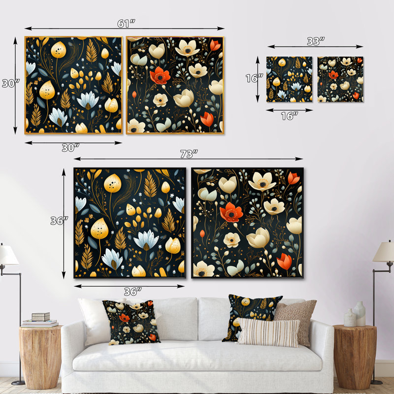 Nostalgie rétro motif floral noir - ensemble de collage abstrait botanique carré de 2, Toile tendue, H 36 po x l 73 po