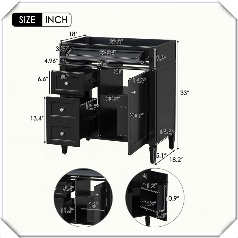 Modern Bathroom Vanity With Drawers Tip-Out Drawer No Top Sink, Black