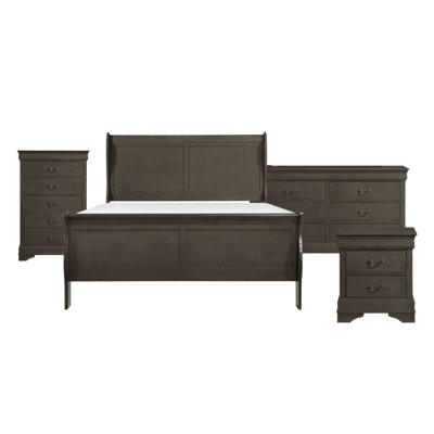 Ensemble de chambre à coucher grand lit, design traditionnel en bois sculpté, finition grise, ensemble de 4 pièces avec lit, tables de chevet et commode