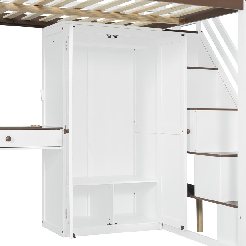 Full Modern Loft Bed With Lighted Vanity Desk, Storage Stairs, Cabinet And Armoire, White/Brown