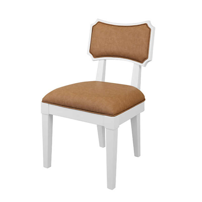 Bow Back Dining Chair In Matte White Lacquer With Camel Faux Leather Upholstery