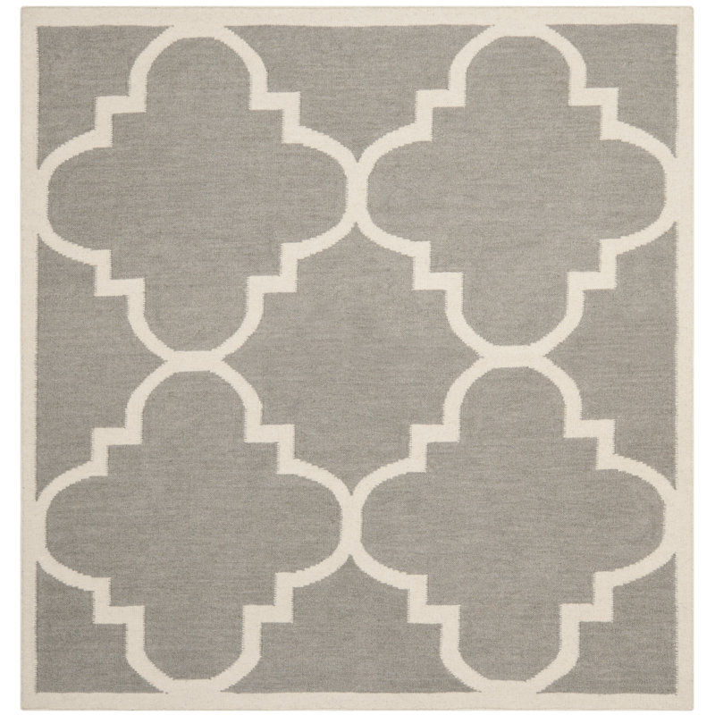 Rodgers Hand Woven Flat Weave Wool/Cotton Geometric Rug in Ivory/Gray, Square 6'