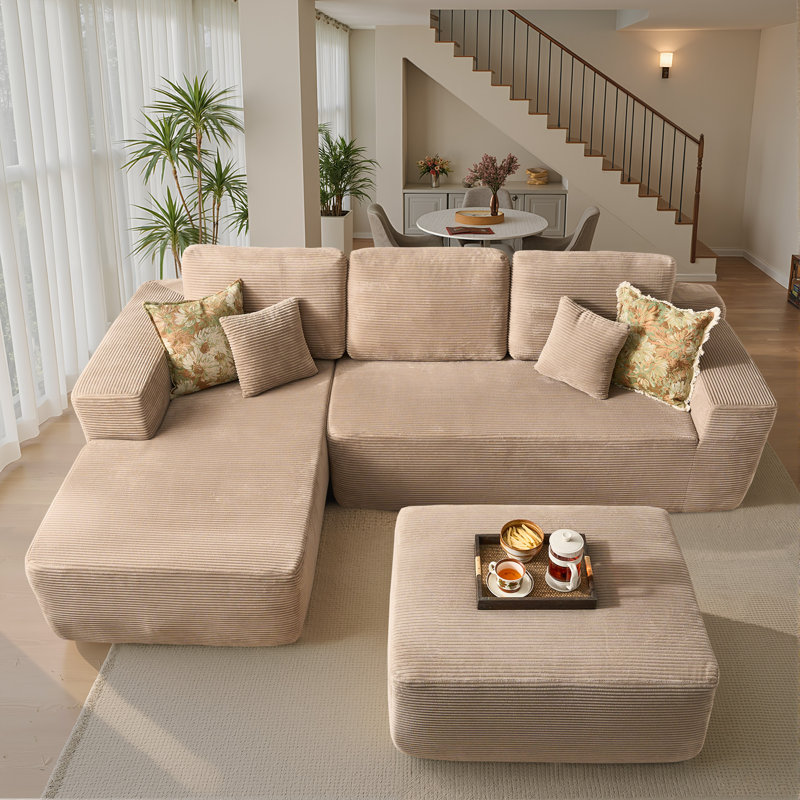 Boneless 106.3" Boneless Floor L-Shaped Sectional Sofa With Ottoman, No-Assembly Cloud Couch For Modern Living Spaces