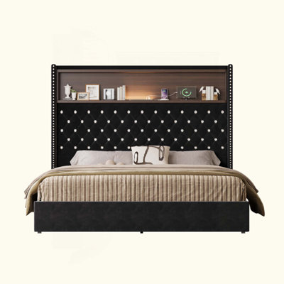 Cadre de lit doux en velours pour grand lit avec port USB et veilleuse, tête de lit à hauteur de 52 po avec rivets, lit plateforme à oreilles avec tablette de tête de lit, noir