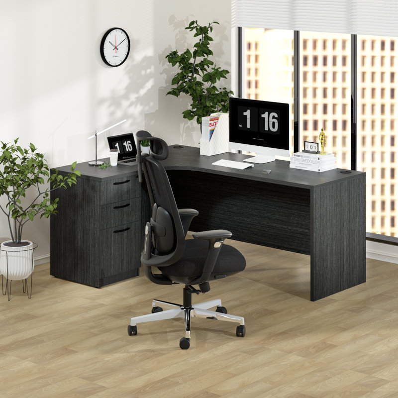 L-Shaped Executive Desk With Storage Cabinet, Gray