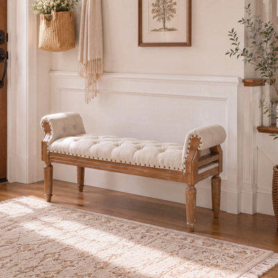 Banc rembourré en bois massif de style Mid-Century, banc de bout de lit avec accoudoirs roulés, repose-pieds capitonné classique avec pieds en teck patiné, banc de fenêtre pour chambre à coucher, vestibule, placard, beige