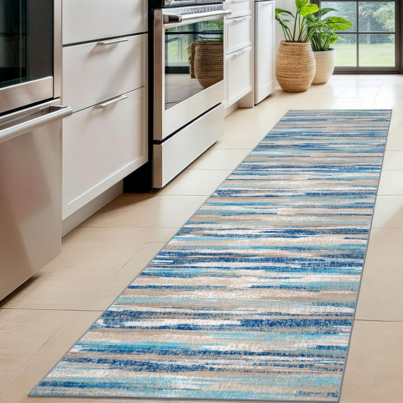 Washable Kitchen Runner Rug Non-Slip, 2' x 8' (Runner), Blue Aqua/Beige Taupe