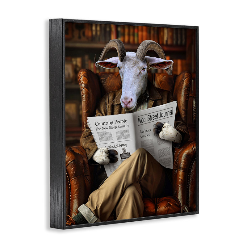 Chèvre dans une bibliothèque, art giclée par Karen Burke, Giclée encadrée noir minuit, H 20 po x l 16 po
