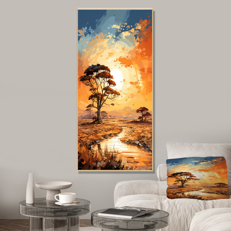 «African Sunset Essence Savanna Harmony III», art mural arbre africain, H 60 po x l 28 po x P 1,5 po, Cadre flottant brun