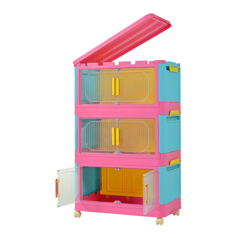 Happy Color,20" Side Wide Folding Storage Cabinet ,5 Tiers,19.69"×11.81"×50.00",Collapsible Storage Bins With Magnetic Door, Plastic Storage Cabinet With Wheels