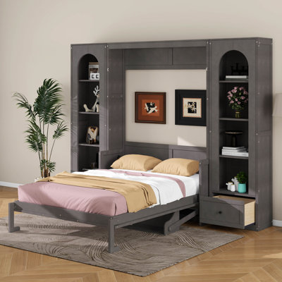 Grand lit escamotable avec tablettes de rangement, armoires latérales, tiroirs et lumières DEL, cadre de lit mural pliant pour chambre d'amis