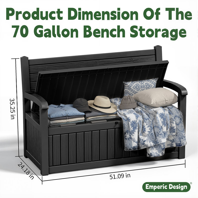 70 gallons Banc de rangement durable en résine robuste pour l'extérieur, 70 gallons, Noir