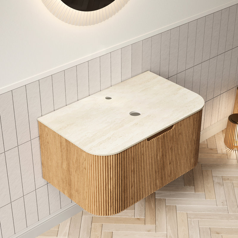 Meuble de rangement mural fixe de 76 cm (30 po) pour salle de bain, avec tiroir, comptoir en pierre frittée romaine, fini naturel, structure en contreplaqué, design moderne, teinte beige 1