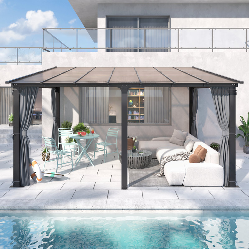 14 ft. W x 12 ft. D Outdoor Polycarbonate Hardtop Gazebo, Wall-Mounted Aluminum Frame Gazebo with Slope Roof