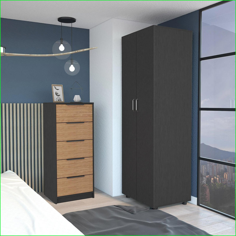 Ensemble de chambre à coucher, armoire 2 pièces + commode 5 tiroirs, noir / chêne clair | Multicolore | Panneau de particules