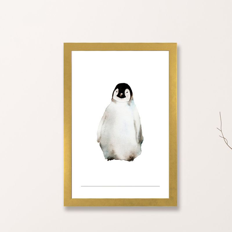 Art pingouin, H 24 po x l 16 po x P 1 po, Papier encadré doré